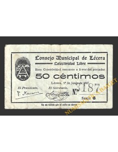 LÉCERA (Zaragoza) 50 céntimos, 1 de junio de 1937 