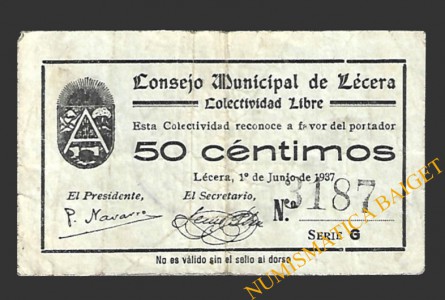 LÉCERA (Zaragoza) 50 céntimos, 1 de junio de 1937 