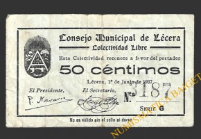 LÉCERA (Zaragoza) 50 céntimos, 1 de junio de 1937 