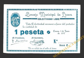 LÉCERA (Zaragoza) 1 peseta, 1 de junio de 937 (error en el año)