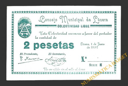 LÉCERA (Zaragoza) 2 pesetas, 1 de junio de 1937