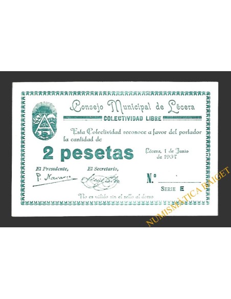 LÉCERA (Zaragoza) 2 pesetas, 1 de junio de 1937