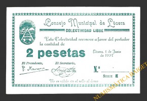 LÉCERA (Zaragoza) 2 pesetas, 1 de junio de 1937
