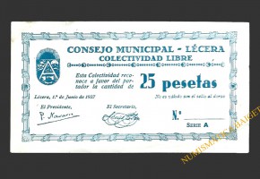 LÉCERA (Zaragoza) 25 pesetas, 1 de junio de 1937