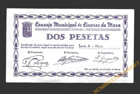 LINARES DE MORA (Teruel) 2 pesetas, 1937