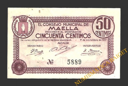 MAELLA (Zaragoza) 50 céntimos, 1 de noviembre de 1937