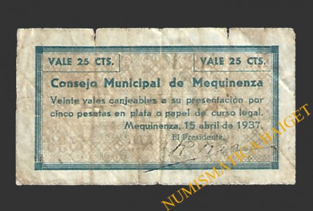 MEQUINENZA (Zaragoza) 25 céntimos, 15 de abril de 1937