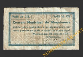 MEQUINENZA (Zaragoza) 25 céntimos, 15 de abril de 1937