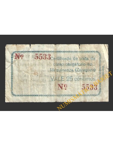 MEQUINENZA (Zaragoza) 25 céntimos, 15 de abril de 1937