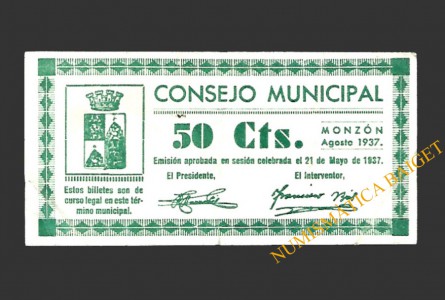 MONZÓN (Huesca) 50 céntimos, agosto de 1937