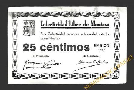 MUNIESA (Teruel) 25 céntimos 1937