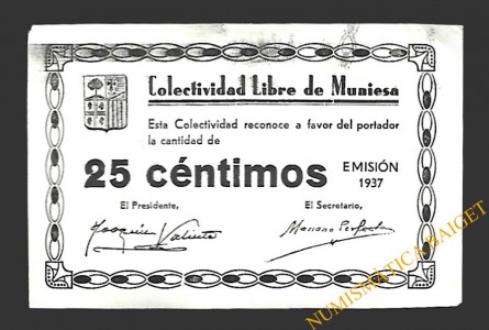 MUNIESA (Teruel) 25 céntimos 1937