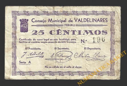 VALDELINARES (Teruel) 25 céntimos 1937?