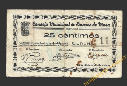 LINARES DE MORA (Teruel) 25 céntimos, 1937