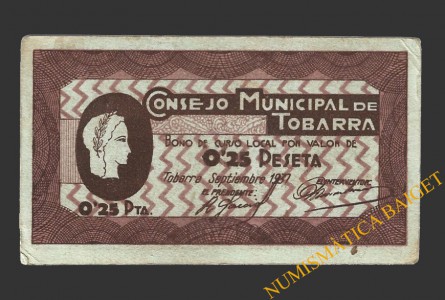TOBARRA (Albacete), 0'25 pesetas, septiembre de 1937