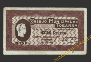 TOBARRA (Albacete), 0'25 pesetas, septiembre de 1937