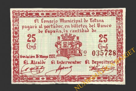 TOTANA (Murcia),25 céntimos, 16 de mayo de 1937
