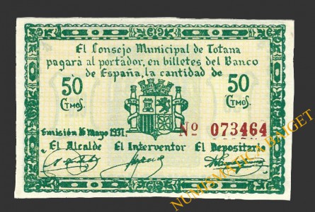 TOTANA (Murcia), 50 céntimos, 16 de mayo de 1937