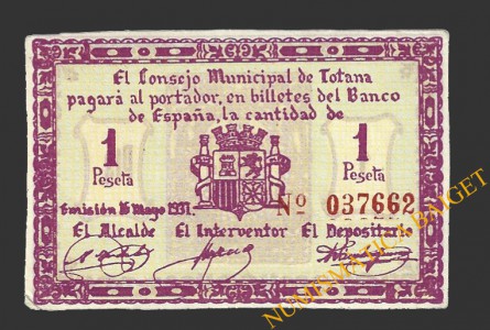 TOTANA (Murcia), 1 peseta, 16 de mayo de 1937