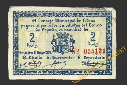 TOTANA (Murcia), 2 pesetas, 16 de mayo de 1937