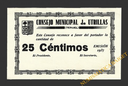 UTRILLAS (Teruel) 25 céntimos 1937