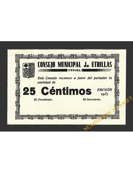 UTRILLAS (Teruel) 25 céntimos 1937