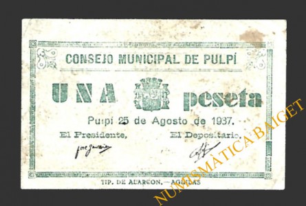 PULPÍ (Almeria), 1 peseta, 25 de agosto de 1937