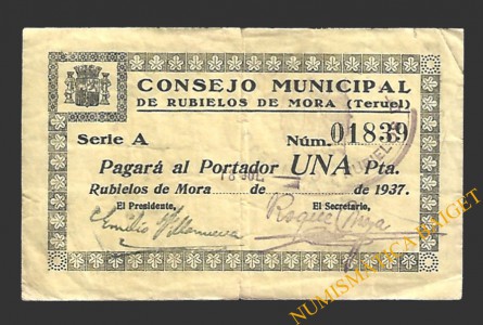 RUBIELOS DE MORA  (Teruel), 1 peseta, 18 de julio de 1937