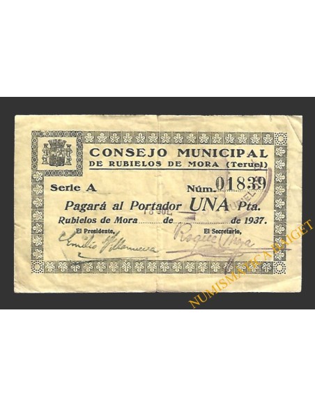RUBIELOS DE MORA  (Teruel), 1 peseta, 18 de julio de 1937