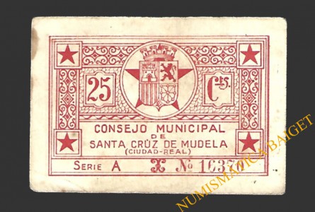 SANTA CRUZ DE MUDELA (Ciudad Real), 25 céntimos, 1937