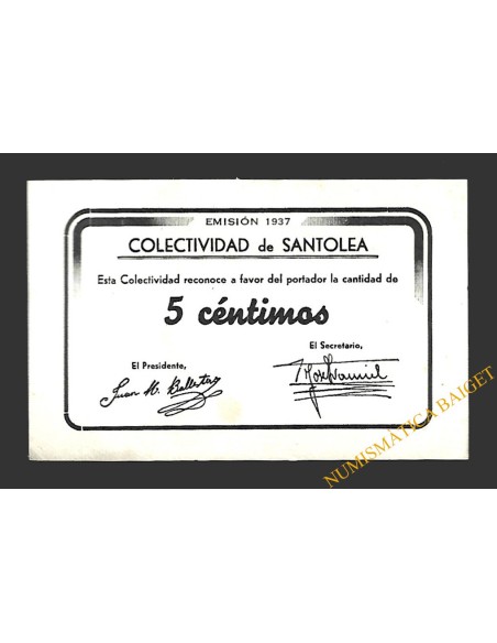 SANTOLEA (Teruel), 5 céntimos, 1937