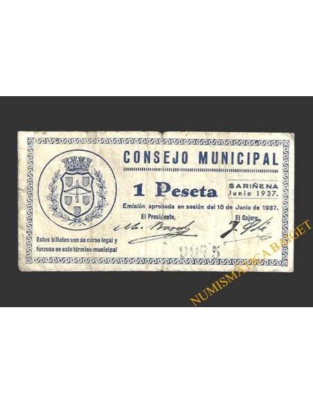 SARIÑENA (Huesca), 1 peseta, julio de 1937