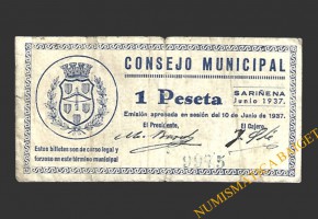 SARIÑENA (Huesca), 1 peseta, julio de 1937