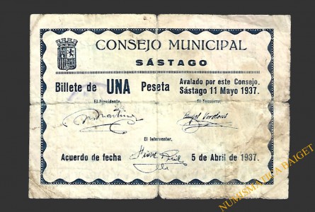 SÁSTAGO (Zaragoza), 1 peseta, 11 de mayo de 1937