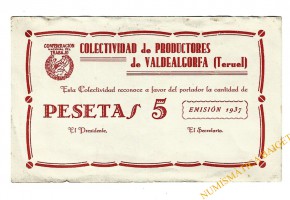 VALDEALGORFA (Teruel) 5 PESETAS 1937