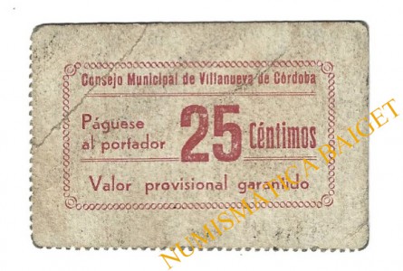 VILLANUEVA DE CÓRDOBA (Córdoba) 25 céntimos 1937