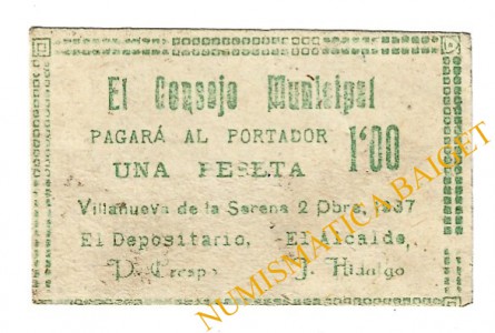 VILLANUEVA DE LA SERENA (Badajoz) 1 peseta 2 de diciembre de 1937