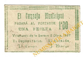 VILLANUEVA DE LA SERENA (Badajoz) 1 peseta 2 de diciembre de 1937