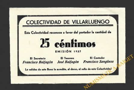 VILLARLUENGO (Teruel) 25 céntimos 1937