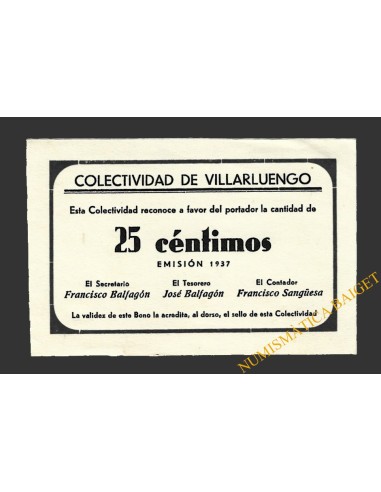 VILLARLUENGO (Teruel) 25 céntimos 1937