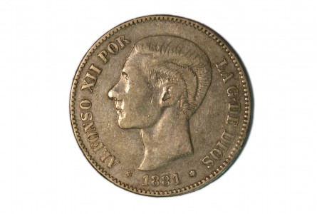 ALFONSO XII, 5 pesetas 1881 * 18-87 MSM Falsa de época en plata