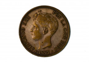ALFONSO XIII, 5 pesetas 1897 * 18-97 SGV Falsa de época en latón plateado