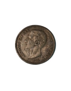 ALFONSO XII, 5 pesetas 1875 DEM Falsa de época en calamina