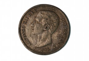 ALFONSO XII, 5 pesetas 1875 DEM Falsa de época en calamina