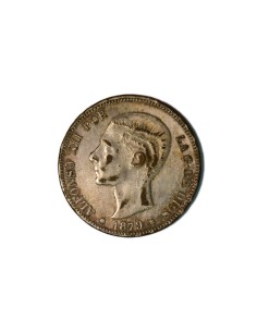 ALFONSO XII, 5 pesetas 1879 S.G.V. Falsa de época en latón plateado