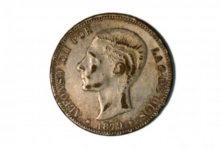 ALFONSO XII, 5 pesetas 1879 S.G.V. Falsa de época en latón plateado