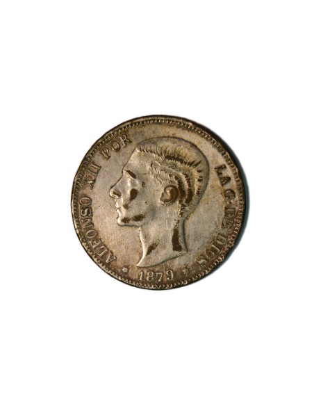 ALFONSO XII, 5 pesetas 1879 S.G.V. Falsa de época en latón plateado