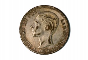 ALFONSO XII, 5 pesetas 1879 S.G.V. Falsa de época en latón plateado
