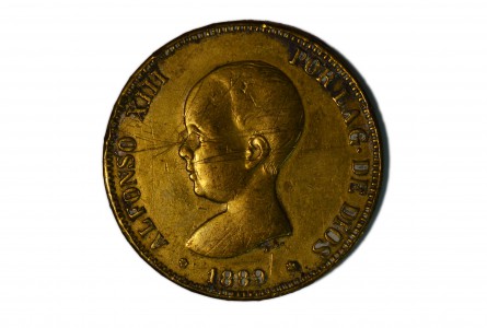 ALFONSO XIII, 5 pesetas 1889 PGM Falsa de época en latón plateado