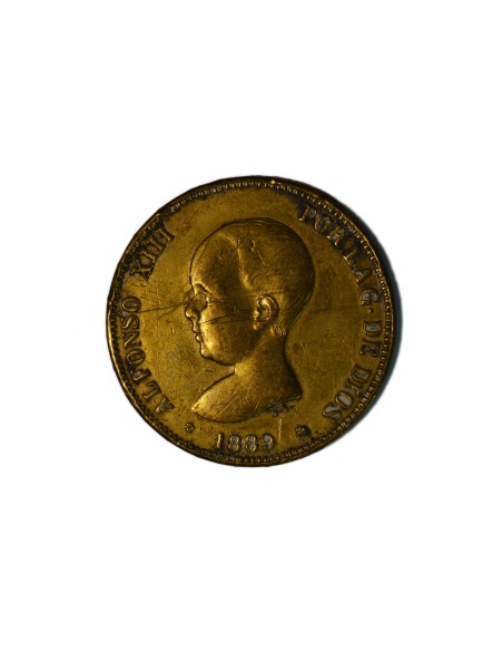 ALFONSO XIII, 5 pesetas 1889 PGM Falsa de época en latón plateado